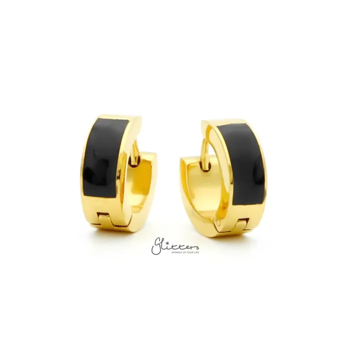 Black Centre Stainless Steel Hinged Hoop Earrings Gold Glitters Earrings