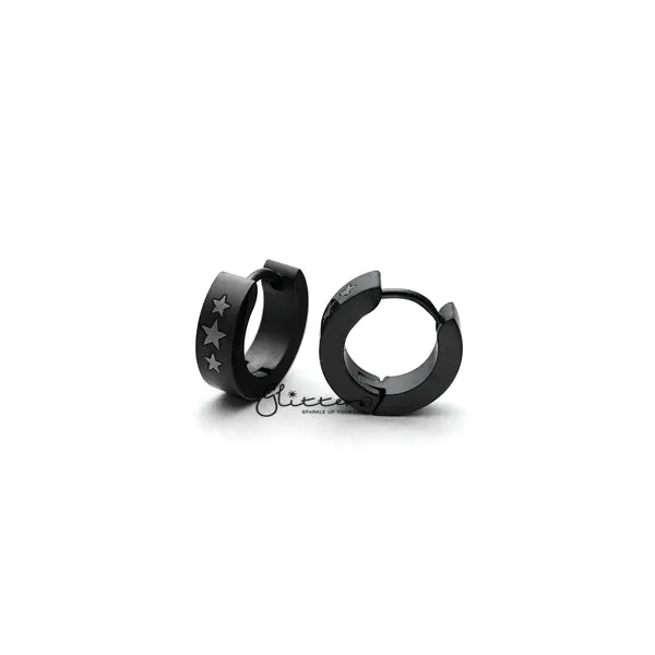Black Titanium IP Stainless Steel 3 Stars Hinged Hoop Earrings Glitters Earrings