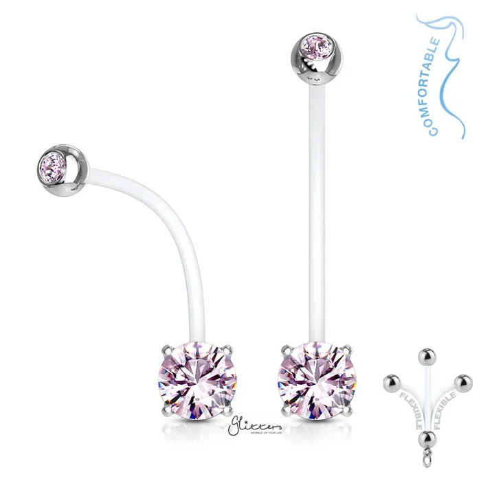 Double Jeweled Prong Set Round CZ Pregnancy Bioflex Belly Ring Pink Glitters Rings Double Jeweled Prong Set Round CZ Pregnancy Bioflex Belly Ring Pink Glitters Rings