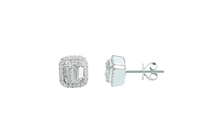 Earrings Crown Jewels Coin 1 ctw Baguette and Halo Diamond Stud Earrings