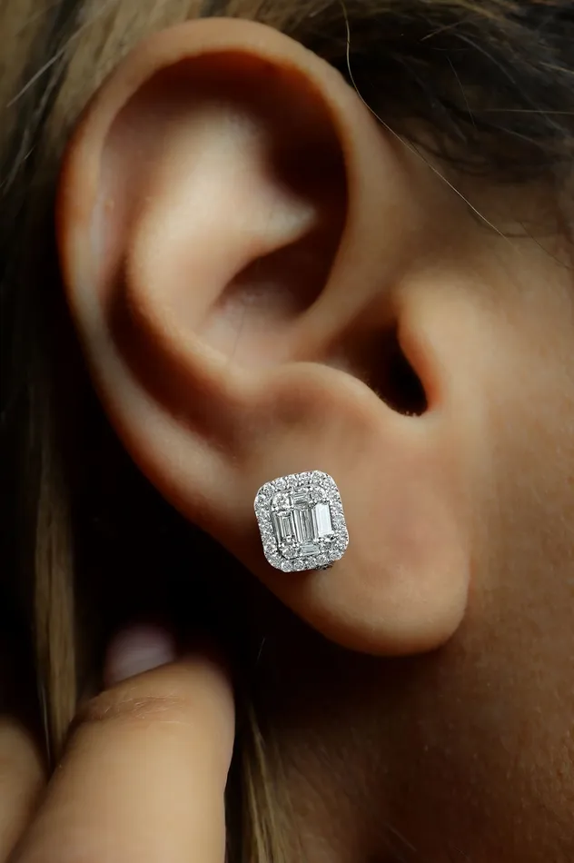 Earrings Crown Jewels Coin 1 ctw Baguette and Halo Diamond Stud Earrings