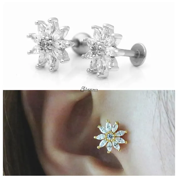 Earrings Glitters CZ Pave Flower Cartilage Tragus Piercing Earring Silver