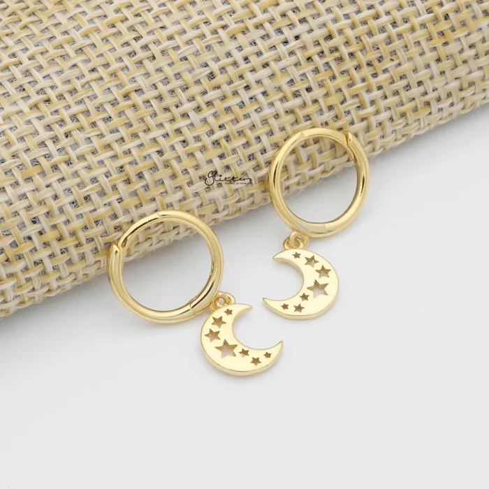 Earrings Glitters Crescent Moon with Stars Charm Huggie Hoop Earrings Gold