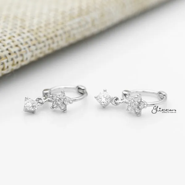 Earrings Sterling Silver CZ Flower Hoop Earrings with Dangle Prong Set CZ Silver Glitters