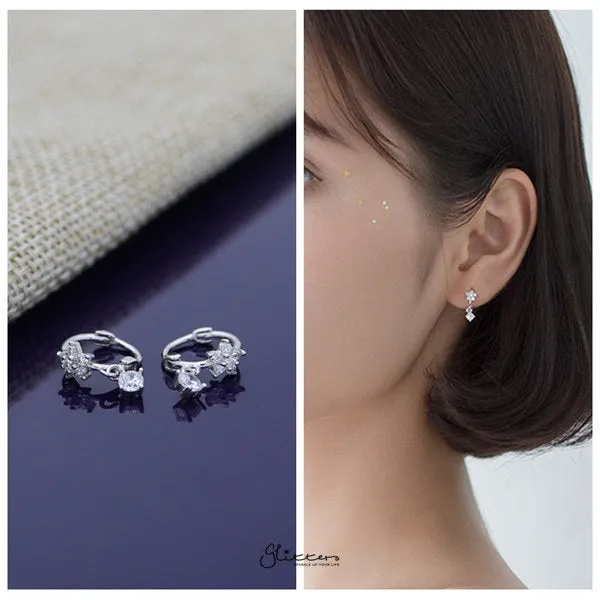 Earrings Sterling Silver CZ Flower Hoop Earrings with Dangle Prong Set CZ Silver Glitters