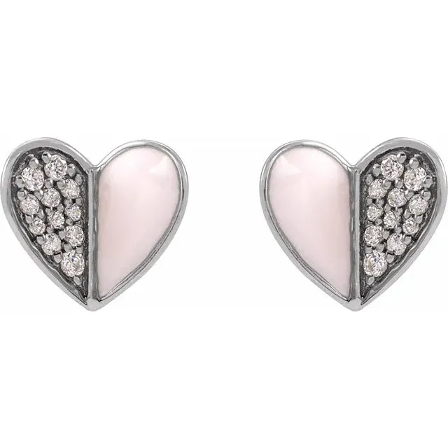 Earrings Storyteller by Vintage Magnality Pink Enamel Natural Diamond 110 CTW Heart Stud Earrings Solid 14K Yellow White Rose Gold