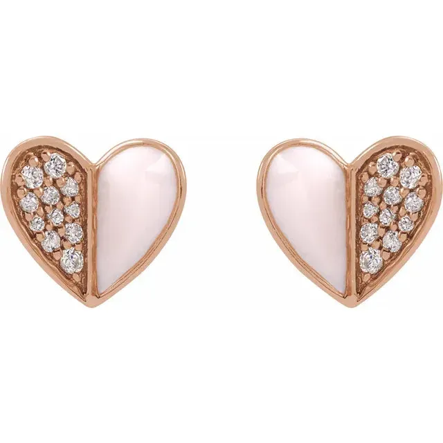 Earrings Storyteller by Vintage Magnality Pink Enamel Natural Diamond 110 CTW Heart Stud Earrings Solid 14K Yellow White Rose Gold