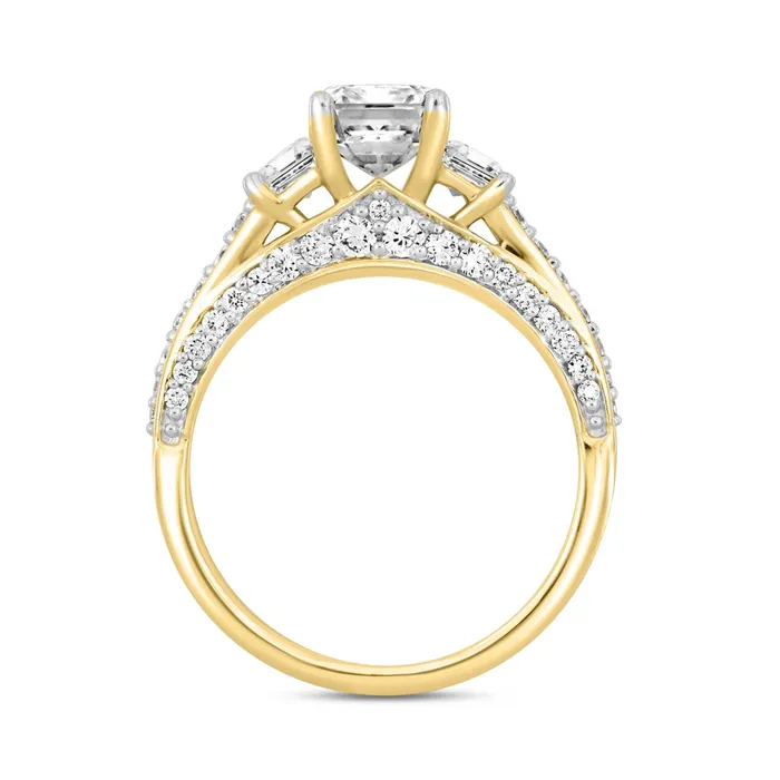 Ethos Rings LADIES RING 3CT ROUNDEMERALDTRAPEZOID DIAMOND 14K YELLOW GOLD CENTER STONE EMERALD DIAMOND 2CT 