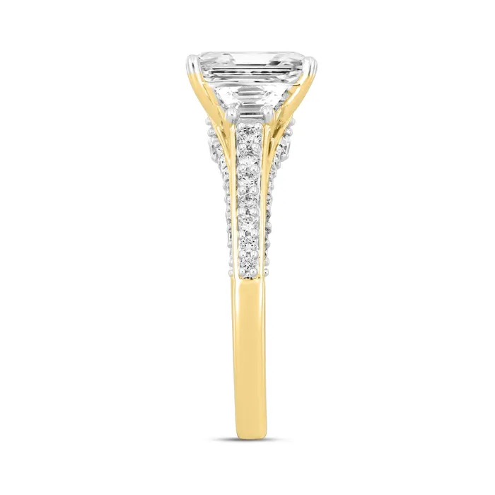 Ethos Rings LADIES RING 3CT ROUNDEMERALDTRAPEZOID DIAMOND 14K YELLOW GOLD CENTER STONE EMERALD DIAMOND 2CT 