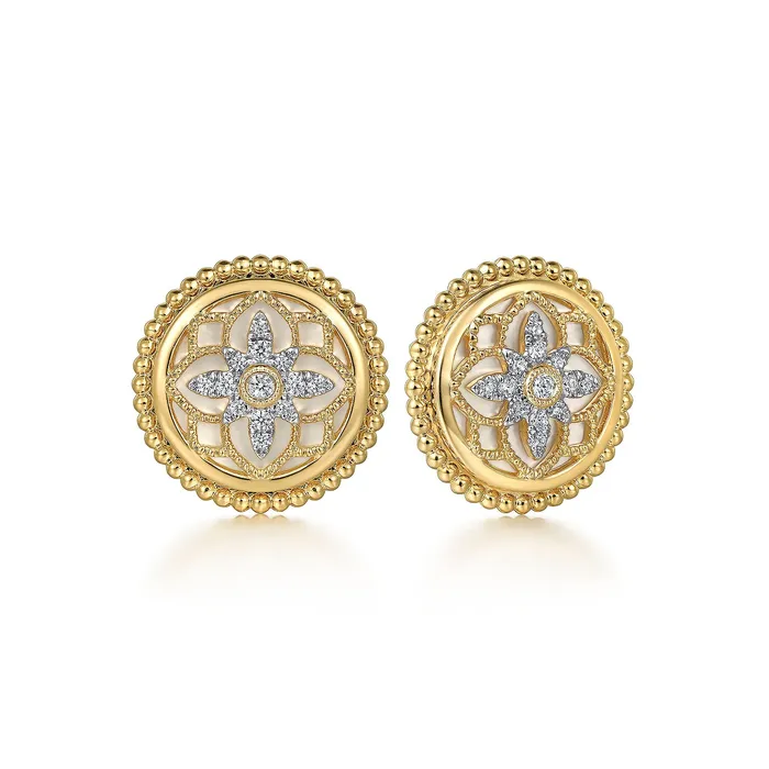 Gabriel 14K Yellow Gold 258ctw Stud Style Round Mother Of Pearl and Diamond Earrings GABRIEL CO Earrings Gabriel 14K Yellow Gold 258ctw Stud Style Round Mother Of Pearl and Diamond Earrings GABRIEL CO Earrings