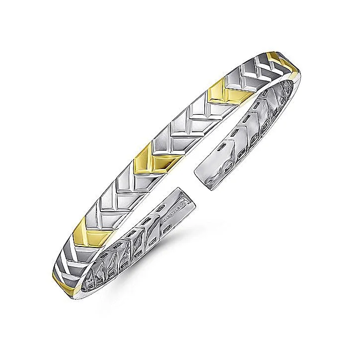 GABRIEL CO Bracelets Gabriel Sterling Silver 14K Yellow Gold 725 Solid Cuff Herringbone Fashion Bracelet