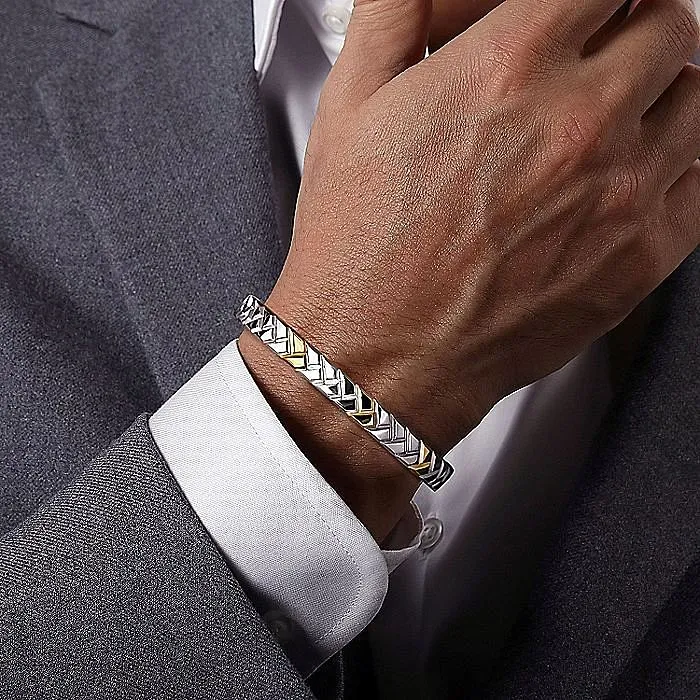 GABRIEL CO Bracelets Gabriel Sterling Silver 14K Yellow Gold 725 Solid Cuff Herringbone Fashion Bracelet