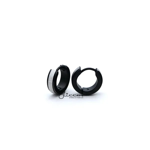 Glitters Earrings Black Titanium IP Stainless Steel Wire Drawing Center Hinged Hoop Earrings