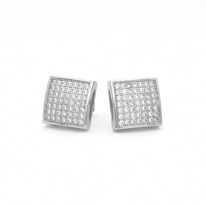 Glitters Earrings CZ Paved Iced Square Stud Earrings Silver