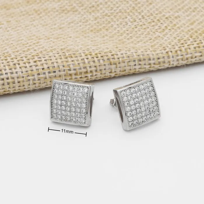 Glitters Earrings CZ Paved Iced Square Stud Earrings Silver