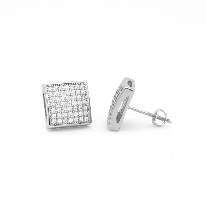 Glitters Earrings CZ Paved Iced Square Stud Earrings Silver