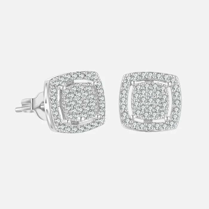Glitters Earrings CZ Paved Square Stud Earrings Silver