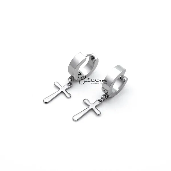 Glitters Earrings Stainless Steel Cross Drop Huggie Hoop Earrings Silver