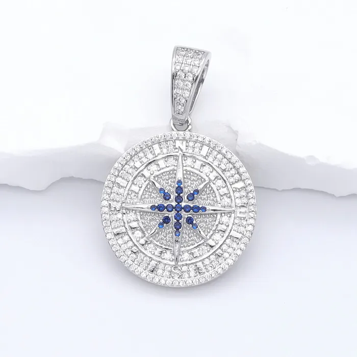 Glitters Necklaces Iced Out Compass Pendant Silver
