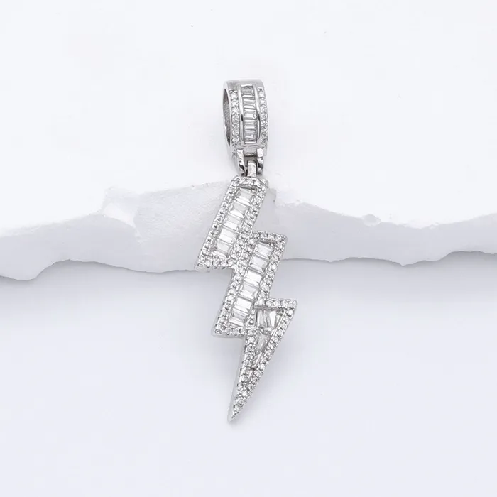 Glitters Necklaces Iced Out Lightning Bolt Pendant Silver