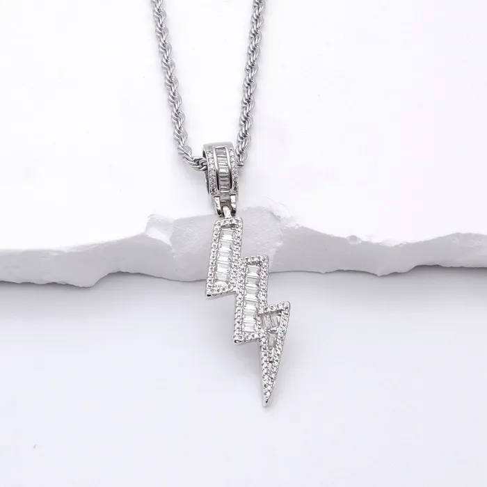 Glitters Necklaces Iced Out Lightning Bolt Pendant Silver
