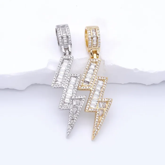 Glitters Necklaces Iced Out Lightning Bolt Pendant Silver
