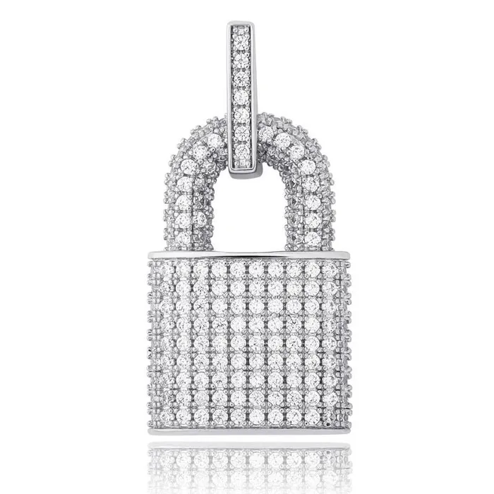 Glitters Necklaces Iced Out Lock Pendant Silver