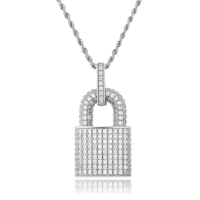 Glitters Necklaces Iced Out Lock Pendant Silver