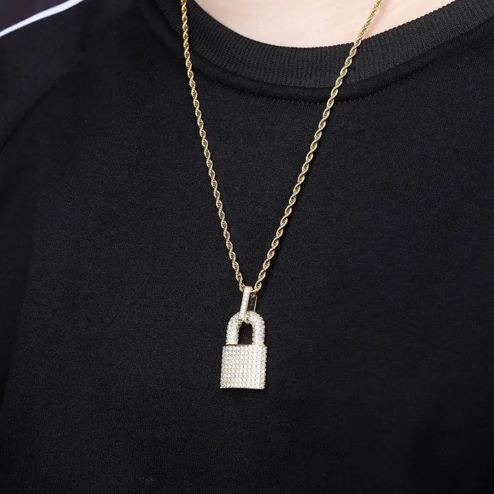 Glitters Necklaces Iced Out Lock Pendant Silver