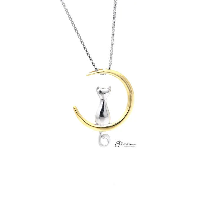 Glitters Necklaces Sterling Silver Cat on the Moon Two Tone Pendant Necklace
