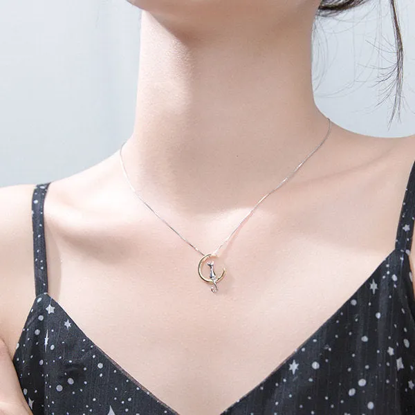 Glitters Necklaces Sterling Silver Cat on the Moon Two Tone Pendant Necklace