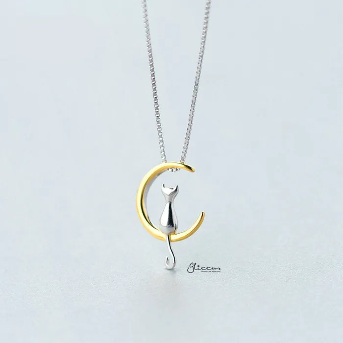 Glitters Necklaces Sterling Silver Cat on the Moon Two Tone Pendant Necklace