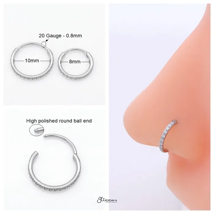 Glitters Rings CZ Paved Hinged Segment Nose Hoop Ring