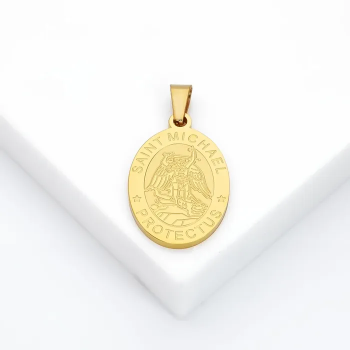 Glitters Stainless Steel St Michael Oval Shape Pendant Gold Necklaces