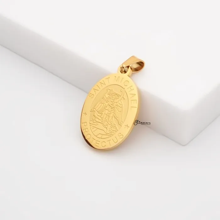 Glitters Stainless Steel St Michael Oval Shape Pendant Gold Necklaces