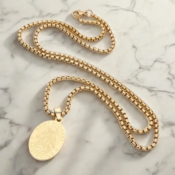 Glitters Stainless Steel St Michael Oval Shape Pendant Gold Necklaces