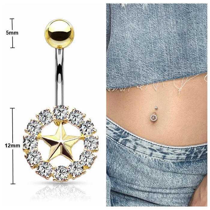 Glitters Star With Crystal Surroundings Belly Button Navel Ring Gold Rings