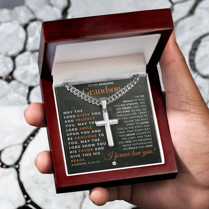 Grandson Gift Numbers 62426 Christian Encouragement Christian Cross Pendant on Mens Chain Necklace Great for Christmas His Birthday Baptism or Confirmation ShineOn Fulfillment Necklaces