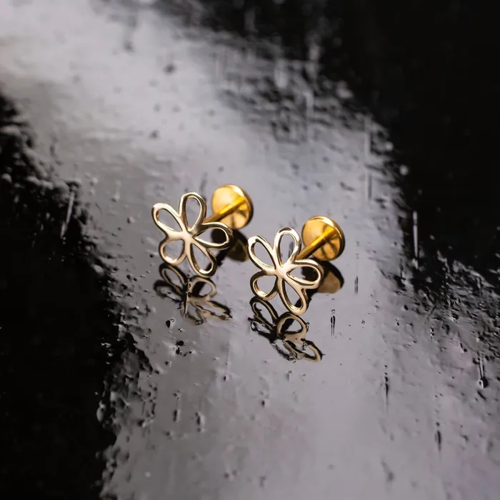 Grayling Flower Silhouette Flat Back Sleeper Earrings 14K Solid Gold Earrings