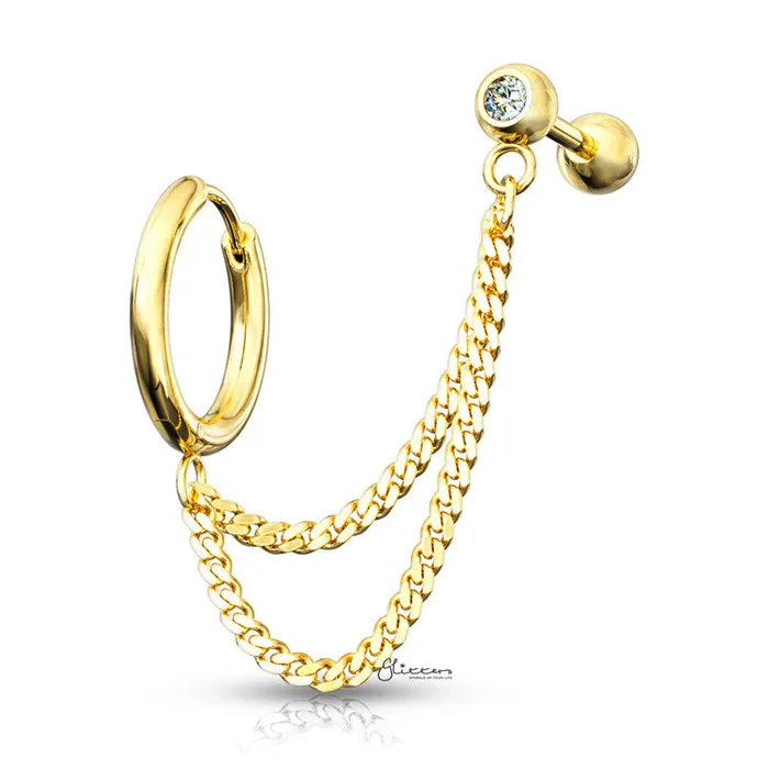 Hoop Earring and Double Chains Crystal Set Cartilage Barbell Gold Glitters Earrings Hoop Earring and Double Chains Crystal Set Cartilage Barbell Gold Glitters Earrings