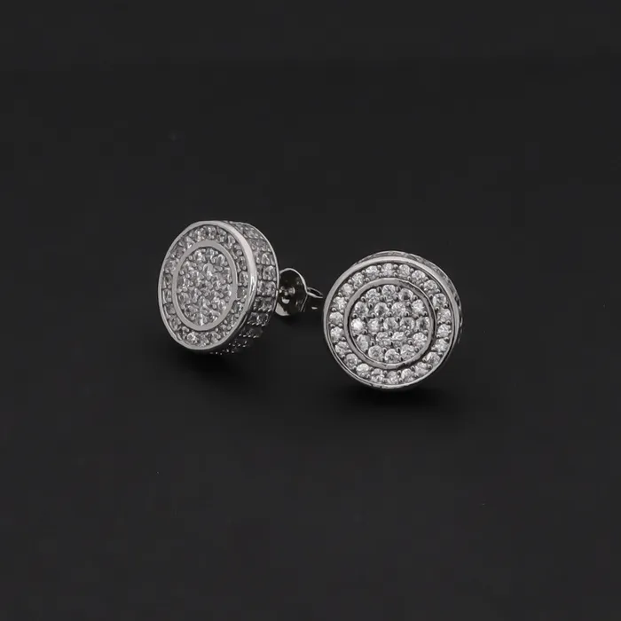 Iced Out 12mm Round Stud Earrings Silver Glitters Earrings
