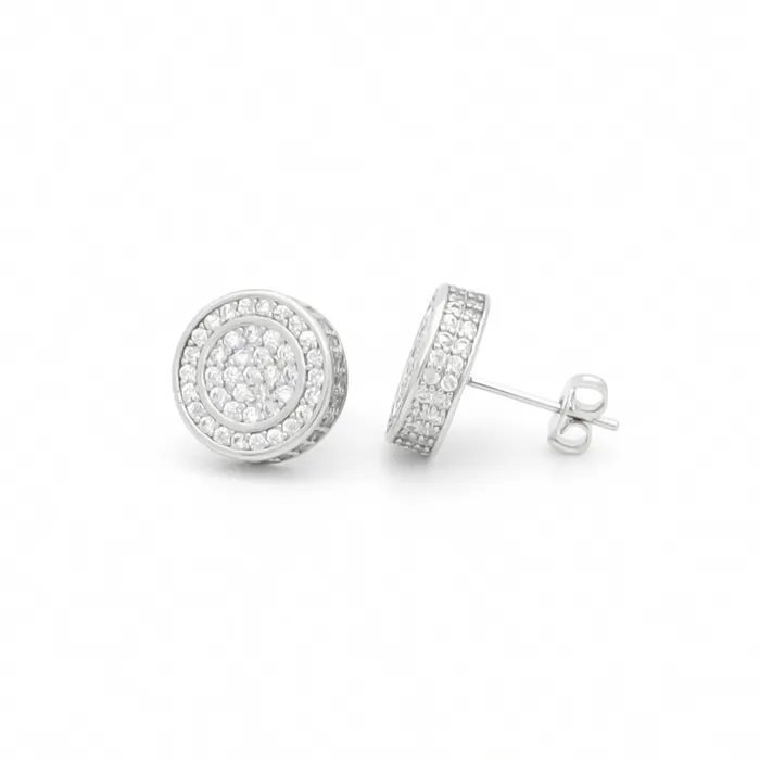 Iced Out 12mm Round Stud Earrings Silver Glitters Earrings