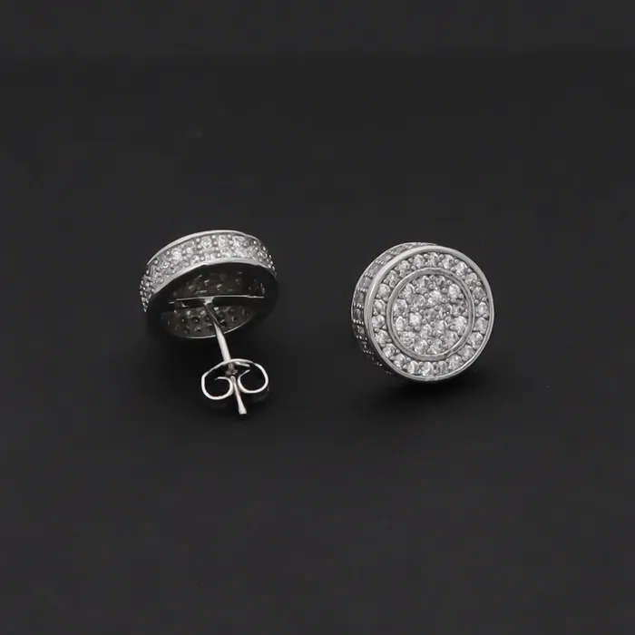 Iced Out 12mm Round Stud Earrings Silver Glitters Earrings