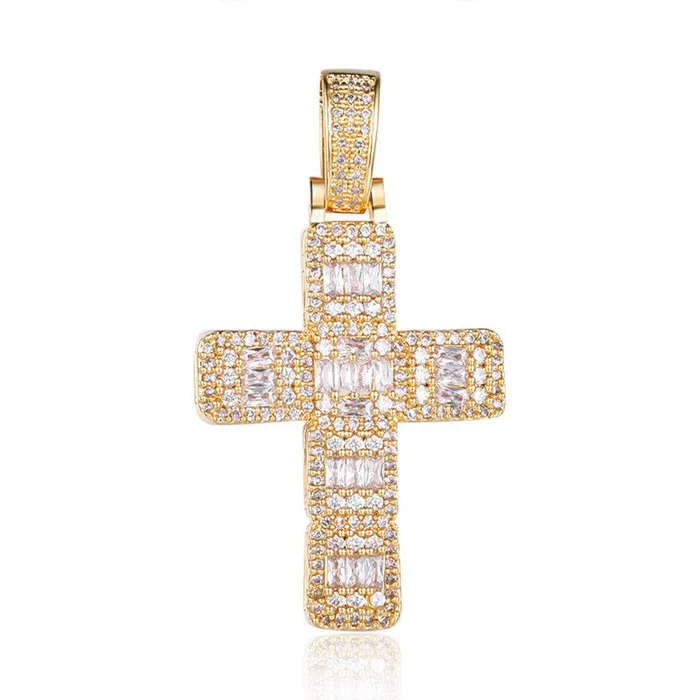 Iced Out BaguetteCut Cross Pendant Gold Glitters Necklaces