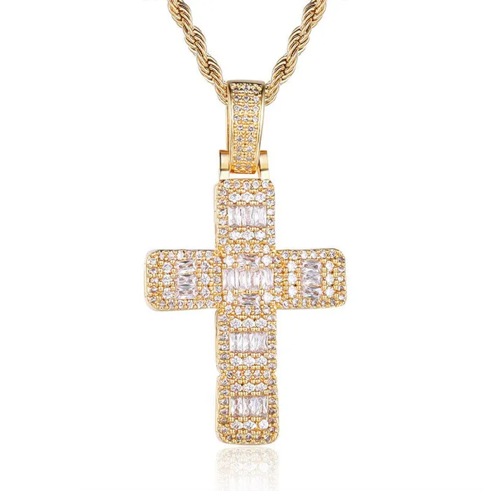 Iced Out BaguetteCut Cross Pendant Gold Glitters Necklaces
