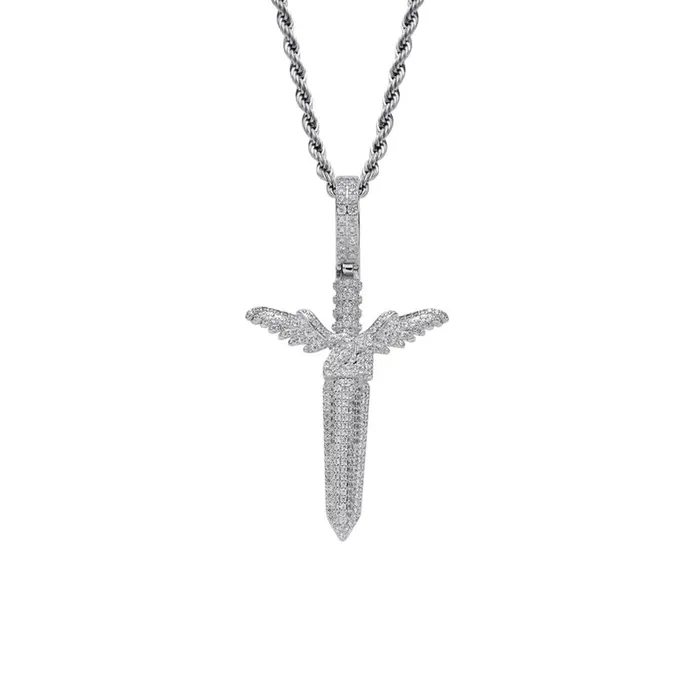 Iced Out Sword Pendant Silver Glitters Necklaces