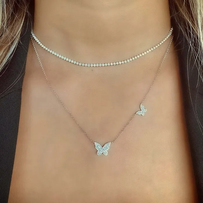 Izakov Diamonds Fine Jewelry Necklaces 14K Gold Diamond Pave Papillon Butterflies Duo Necklace