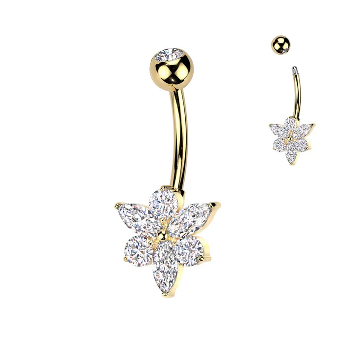 Marquise CZ Flower Titanium Belly Button Ring Gold Glitters Rings