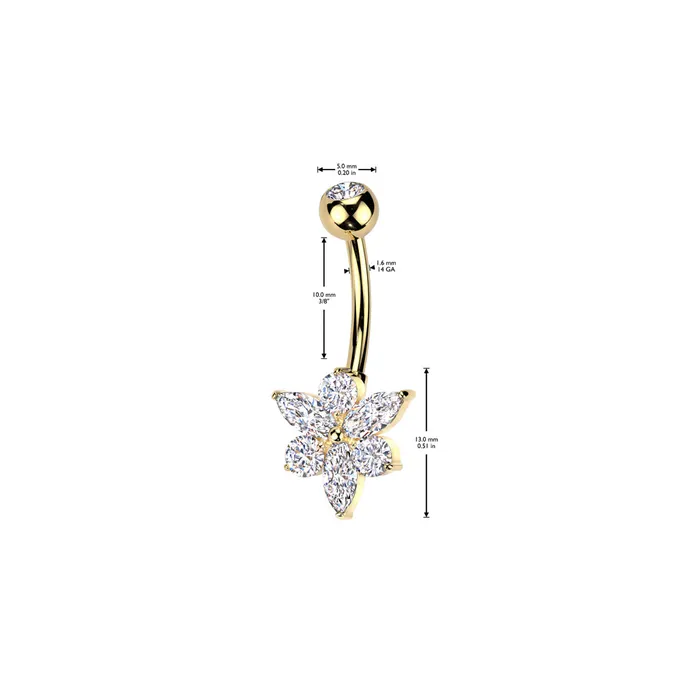Marquise CZ Flower Titanium Belly Button Ring Gold Glitters Rings