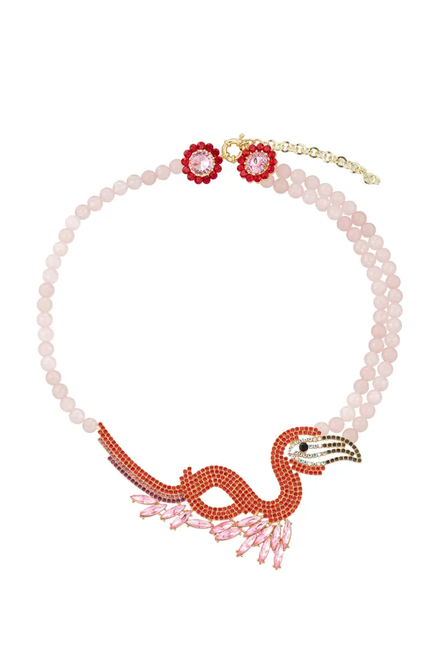 Necklaces Eye Candy LA Flamingo Rose Quartz Statement Necklace